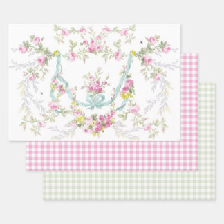 Feuille De Papier Cadeau Rococo Roses et En vichy Gift Sheet Set de 3
