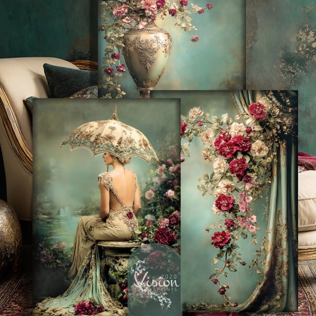 Feuille De Papier Cadeau Romantic Floral, Lady & a Parasol, Matching Set (Romantic Floral Sage Green and Crimson Pink, Lady & a Parasol, Matching Heavyweight Decoupage)