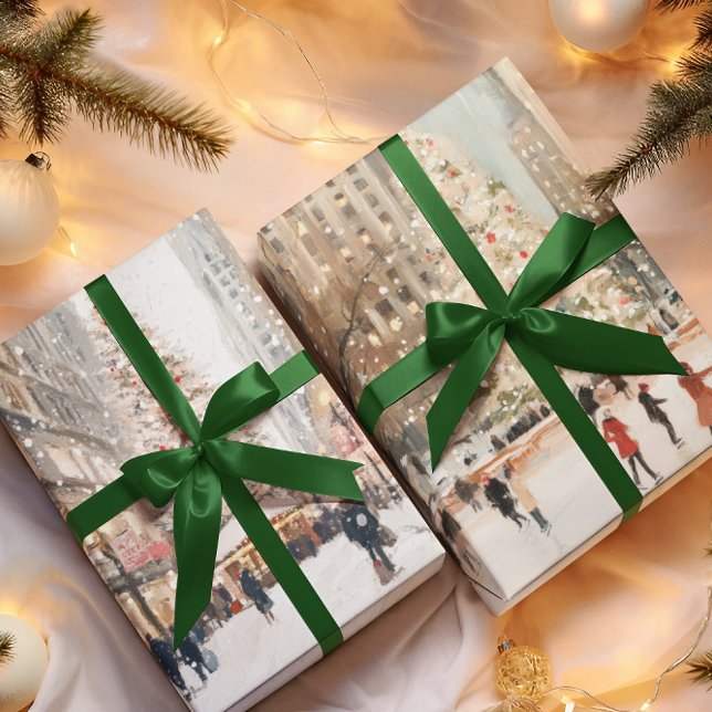 Feuille De Papier Cadeau Romantic Winter Cityscape Ice Skating (Créateur téléchargé)