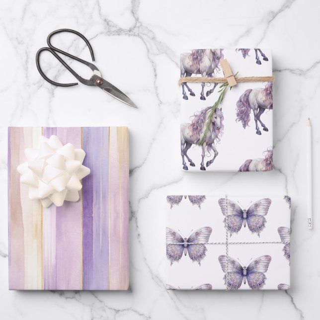 Feuille De Papier Cadeau Romantique Lavande White Horse Stripes Anniversair (Recto)