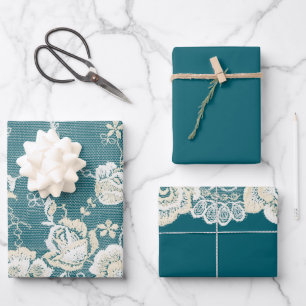 Feuille De Papier Cadeau Romantique Turquoise Vert Bleu Blanc dentelle Mari