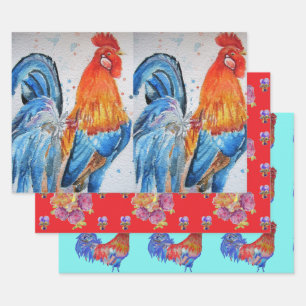 Feuille De Papier Cadeau Rooster Red Chicken Cockerel Bird Aquarelle Art