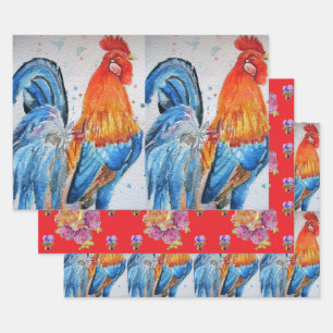 Feuille De Papier Cadeau Rooster Red Chicken Cockerel Bird Aquarelle Art