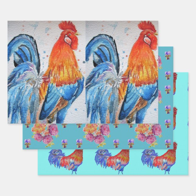 Feuille De Papier Cadeau Rooster Red Chicken Cockerel Bird Aquarelle Art (Lot)