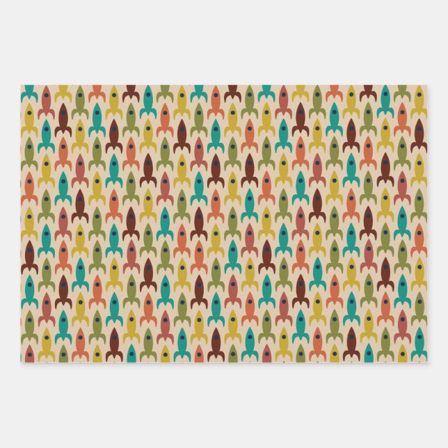 Feuille De Papier Cadeau Roquettes rétrospectives Espace Age Motif de roque (Devant)