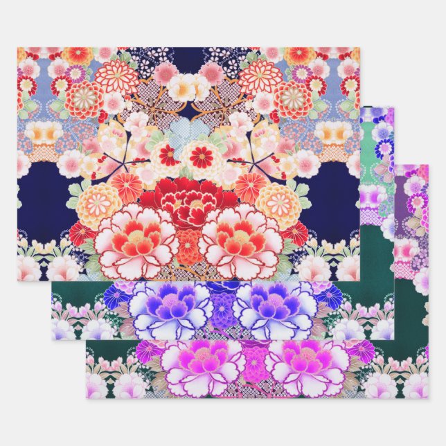Feuille De Papier Cadeau ROSE BLANC FLEURS ROUGES pivoines, Floral japonais (Lot)