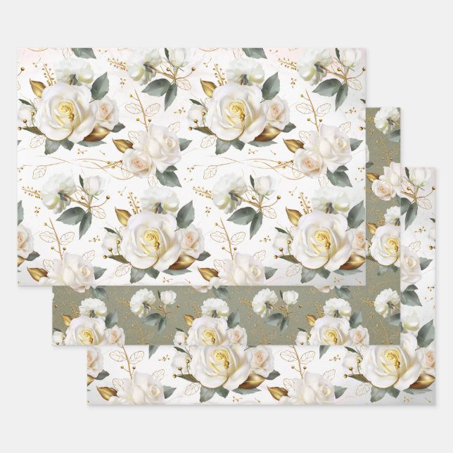 Feuille De Papier Cadeau Rose blanche or romantique Floral (Lot)