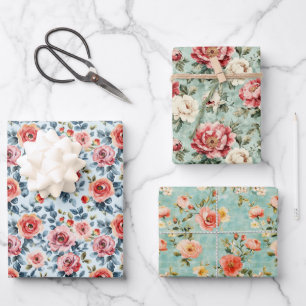 Feuille De Papier Cadeau Rose Bleu Floral Shabby Chic Aquarelle Vintage