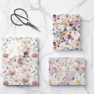 Feuille De Papier Cadeau Rose Bleu Jaune Violet Floral Vintage Chic