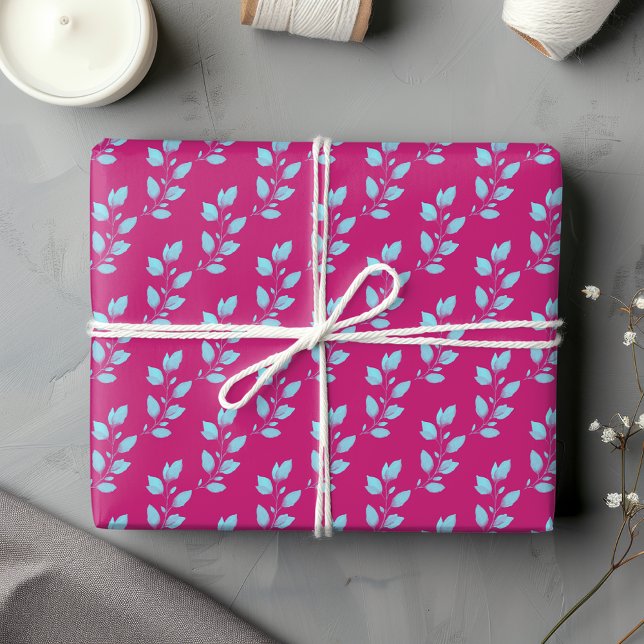 Feuille De Papier Cadeau Rose chaud et bleu pastel Aquarelle Botanique (Créateur téléchargé)