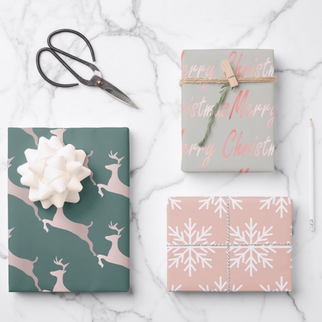 Feuille De Papier Cadeau Rose Chic Gold Metallic Pink Script Gris Reindeer (Recto)