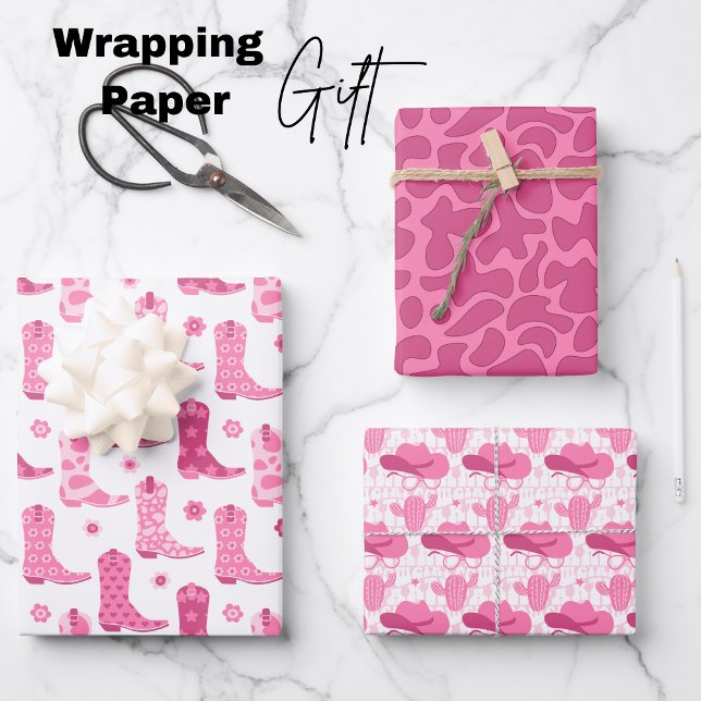 Feuille De Papier Cadeau Rose de cowgirl rétro (Cowgirl wrapping paper sheets, cowgirl boots, hat, sunglasses, cacti, pink)