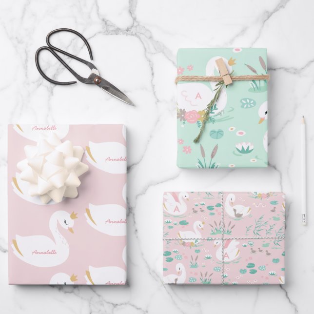 Feuille De Papier Cadeau Rose girly élégant mignon belle cygne enfants  (Recto)