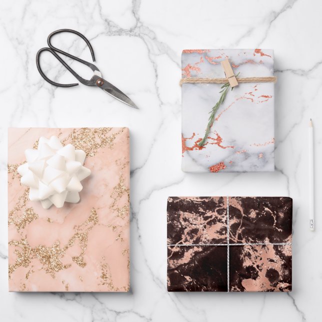 Feuille De Papier Cadeau Rose Gold Blanc Marbre Noir tendance Chic Annivers (Recto)