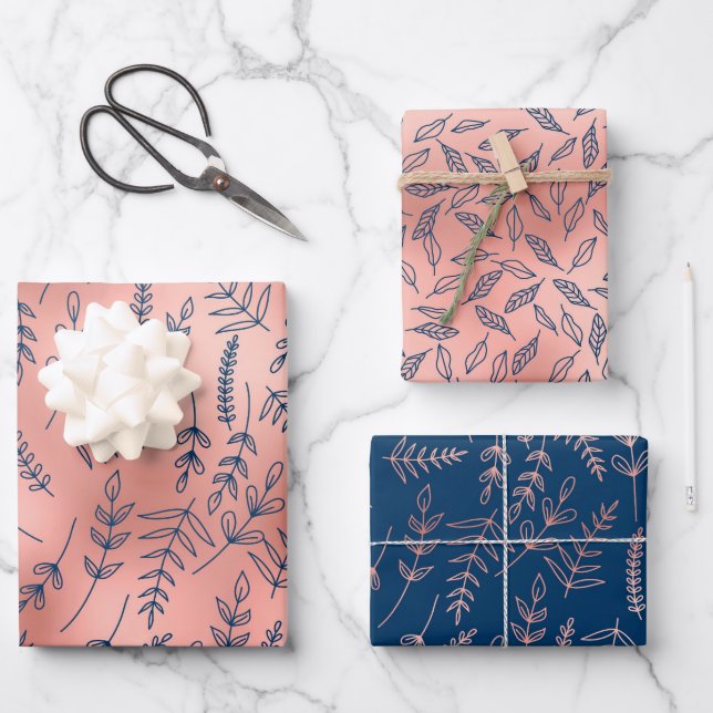 Feuille De Papier Cadeau Rose Gold Bleu Botanique Toutes les occasions (Recto)