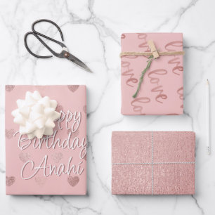 Feuille De Papier Cadeau Rose Gold Faux Foil Coeurs Amour Script   Rose