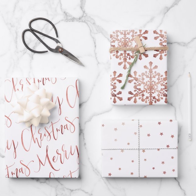 Feuille De Papier Cadeau Rose Gold Joyeux Noël Script Snowflakes Star (Recto)