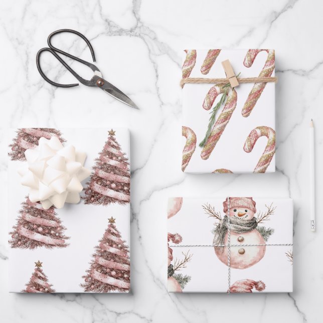 Feuille De Papier Cadeau Rose Gold Noël Arbre Sucres de canne Snowman (Recto)