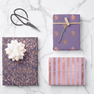Feuille De Papier Cadeau Rose Gold Pailleté et Motifs Lavande Luxueux