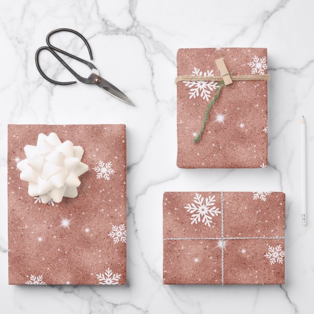 Feuille De Papier Cadeau Rose Gold Parties scintillant Stars Snowflakes Mot (Recto)