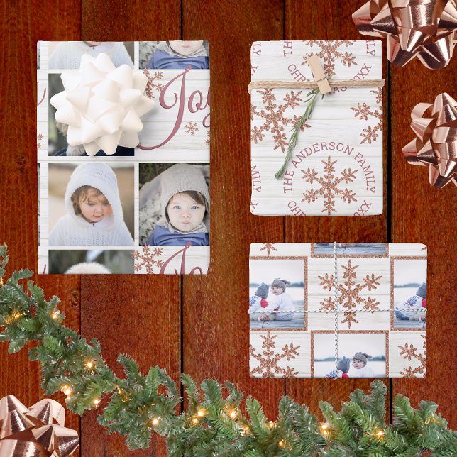 Feuille De Papier Cadeau Rose Gold Snowflake Noël Vacances Vos photos (Créateur téléchargé)