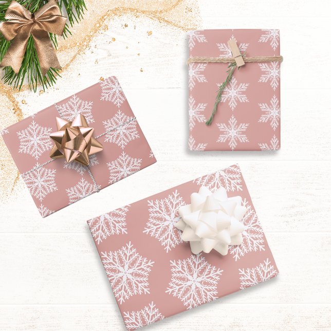 Feuille De Papier Cadeau Rose Gold & White Snowflakes Motif Noël (Créateur téléchargé)