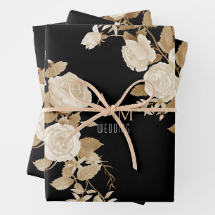 Feuille De Papier Cadeau Rose mariage Monogramme noir
