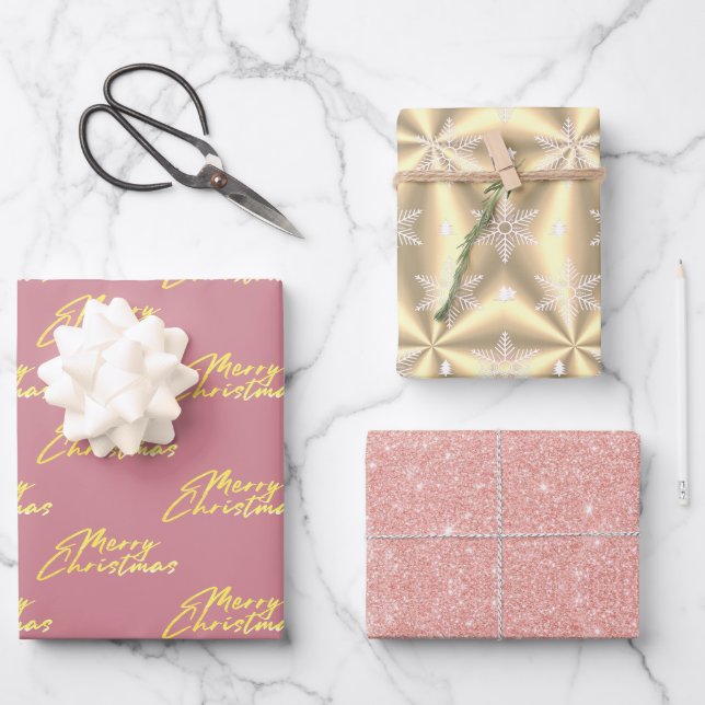 Feuille De Papier Cadeau Rose métallique Gold Platinum Noël (Recto)