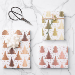 Feuille De Papier Cadeau Rose métallique Jaune or Noël Arbres Motif