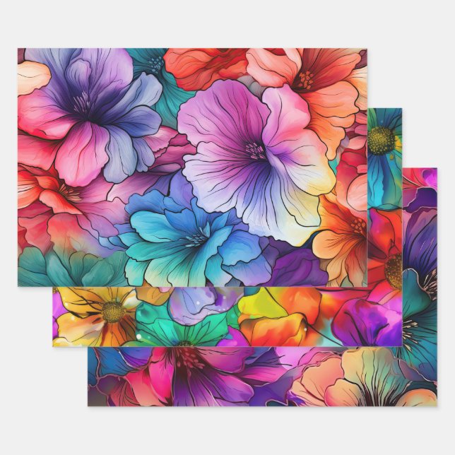 Feuille De Papier Cadeau Rose Orange Purple Fleurs Turquoises Encre D'Alcoo (Lot)