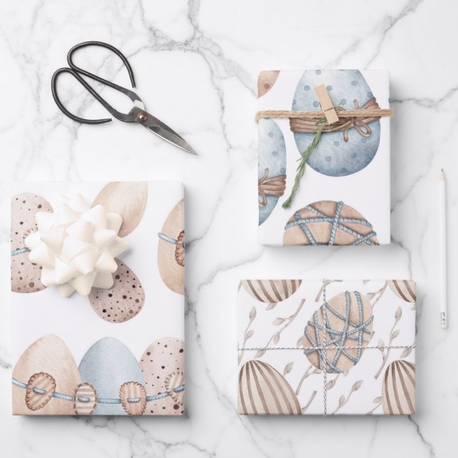 FEUILLE DE PAPIER CADEAU ROSE PASTEL & OEUFS DE PÂQUES BLEUS (Recto)