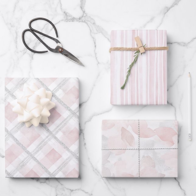Feuille De Papier Cadeau Rose Petals Mariage Paillettes Argent Rose Blanc (Recto)