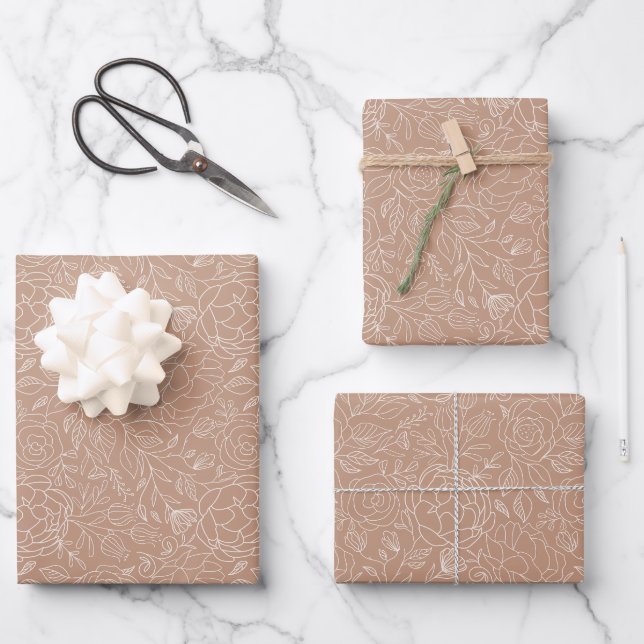Feuille De Papier Cadeau Rose Poussiéreuse Rose Foncé Fleurs Blanches Éléga (Recto)