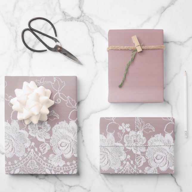 Feuille De Papier Cadeau Rose romantique Blush Rose Blanche dentelle Mariag (Recto)
