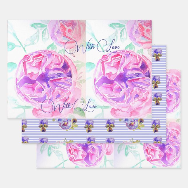 Feuille De Papier Cadeau Rose rose Aquarelle Lilac Rose Fleur Floral (Lot)