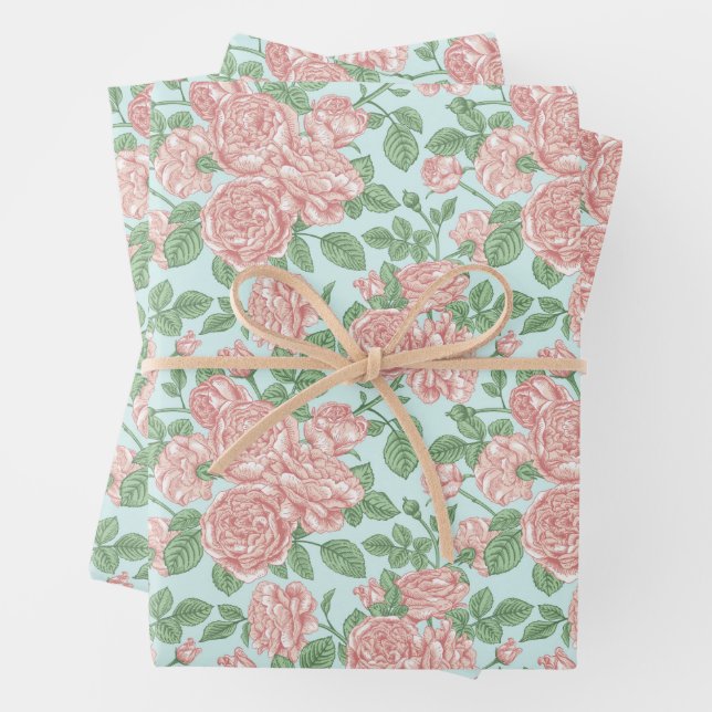 Feuille De Papier Cadeau Rose rose Jardin Bouquet Motif (En situation)