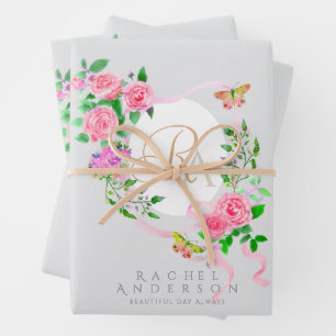 Feuille De Papier Cadeau Rose rose ruban Chic Monogramme gris