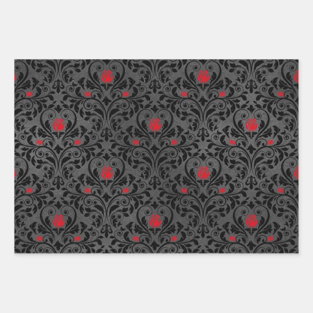 Feuille De Papier Cadeau Rose rouge et Damas noir (Devant)