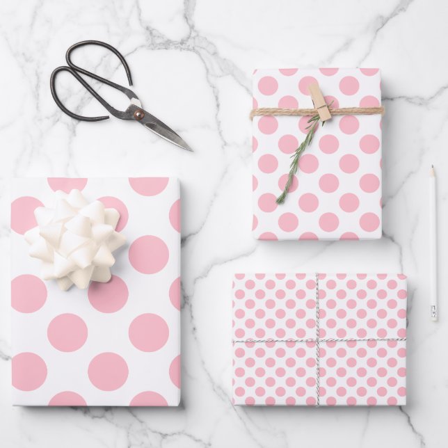 Feuille De Papier Cadeau Rose sur blanc Différentes tailles Pois (Recto)