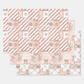 FEUILLE DE PAPIER CADEAU ROSE & TAN WATERCOLOR BÉBÉ FILLE BLOCS OURS