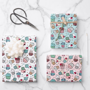 Feuille De Papier Cadeau Rose Turquoise mignonne Motif Cupcake