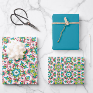 Feuille De Papier Cadeau Rose, Vert citron, Turquoise et blanc Motif