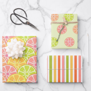 FEUILLE DE PAPIER CADEAU ROSE VERT ORANGE JAUNE FRUITS & STRIPES