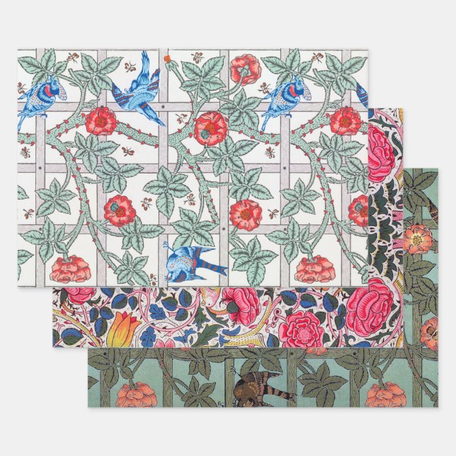 Feuille De Papier Cadeau Rose with Small Bird, William Morris (Lot)