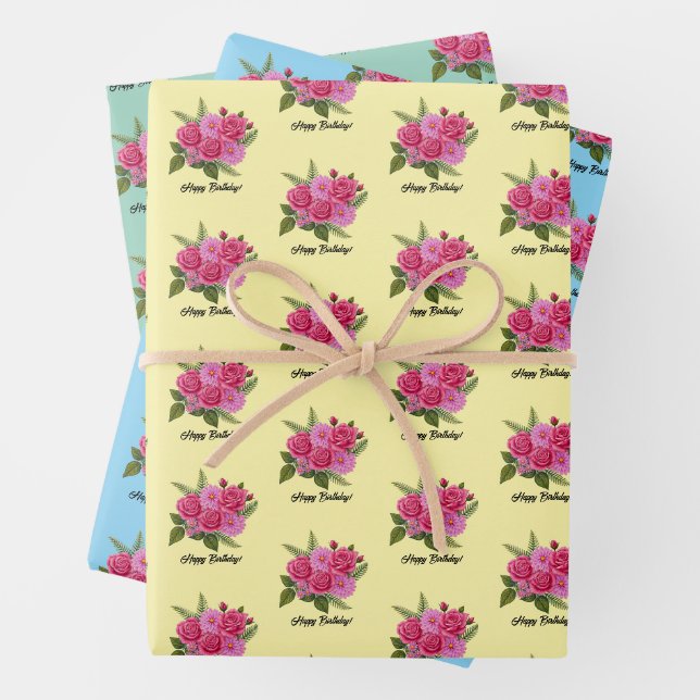 Feuille De Papier Cadeau Roses avec Dahlias (En situation)