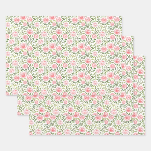 Feuille De Papier Cadeau Roses d'aquarelle peinte à la main (Lot)