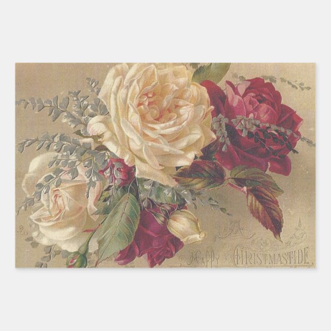 Feuille De Papier Cadeau Roses de Noël victorien (Devant)