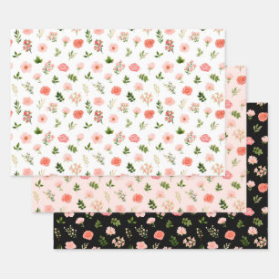 Feuille De Papier Cadeau Roses et feuillage de couleur corail rouge