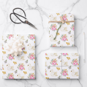 Feuille De Papier Cadeau Roses Florales Rose et Or de Cygne