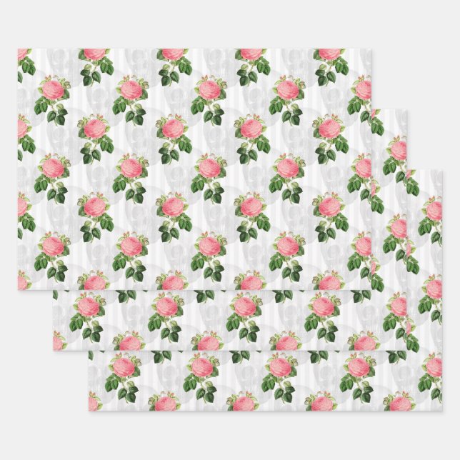 Feuille De Papier Cadeau Roses roses et crânes roses sur blanc (Lot)